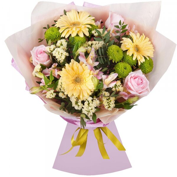 Gerbera yellow - 3, Pink rose 50 cm - 3, Alstromeria white, soft pink - 3, Athos pom Feeling Green - 2, Yellow Statice, Pistachio, Wrapping Paper