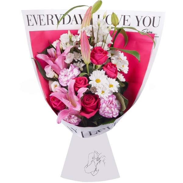 Pink lily - 2, Bacardi White Spray Chrysanthemum - 3, lisianthus - 2, Pink rose 50 cm - 9, Pink carnation - 3, Wrapping Paper