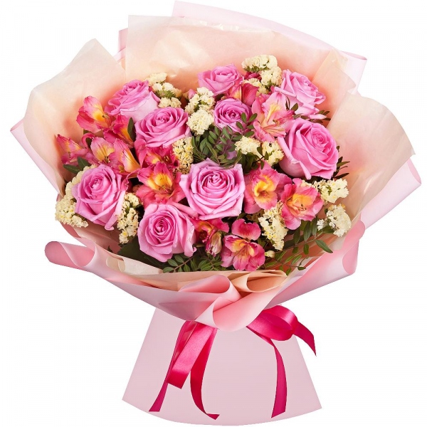 Pink rose 50 cm - 9, Alstromeria Red, Bright Pink - 4, Yellow Statice, Pistachio, Wrapping Paper