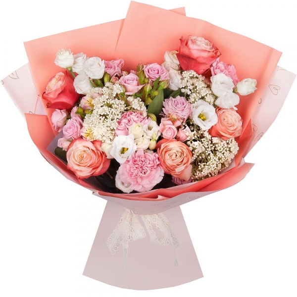 Peony rose Kahala 50 cm - 5, Bright pink spray rose mix, 50 cm - 3, Alstromeria white, soft pink - 2, lisianthus - 2, Pink carnation - 3, Ozotamnus, Wrapping Paper
