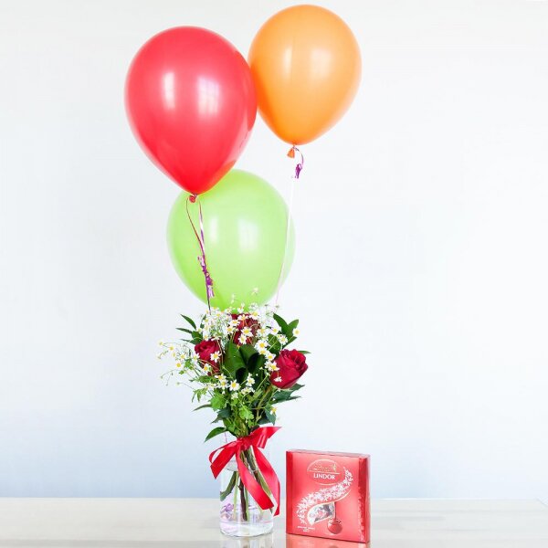 Red rose 50 cm - 5, Chamomile - 3, Aspidistra (1 pc.), Ruscus, Ribbon, Lindt Candy Box, Helium Balloon (1 pc.)