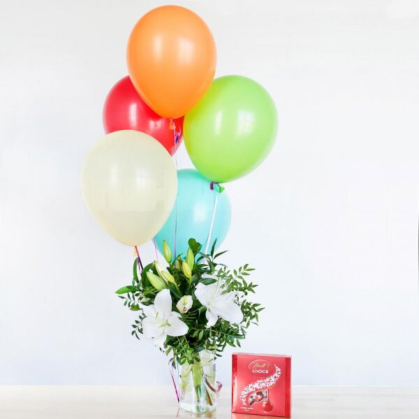 Lilies - 3, Pistachio, Ruscus, Ribbon, Lindt Candy Box, Helium Balloon (1 pc.)