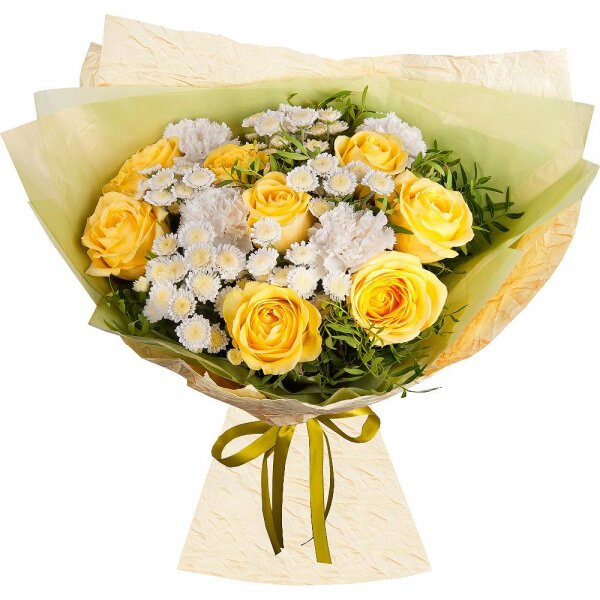 Yellow rose 50 cm - 7, Carnation white, cream - 4, Athos poms Stallion - 4, Pistachio, Wrapping Paper, Ribbon