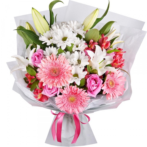 Lilies - 2, Alstromeria Red, Bright Pink - 2, Gerbera pink - 3, Pink rose 50 cm - 5, Bacardi White Spray Chrysanthemum - 2, Pistachio, Ruscus, Wrapping Paper, Ribbon
