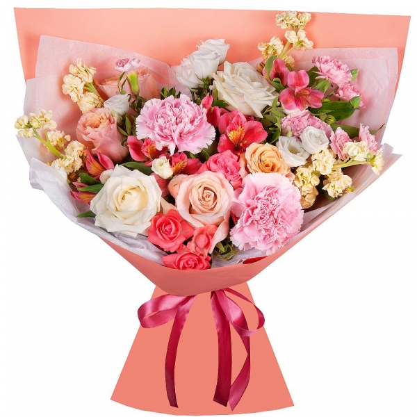 Rose Cream 50 cm - 4, White rose 50 cm - 2, lisianthus - 2, Pink carnation - 3, Alstromeria white, soft pink - 3, Bright pink spray rose mix, 50 cm - 1, White Matthiola - 4, Pink spray carnation - 2, Pistachio, Wrapping Paper