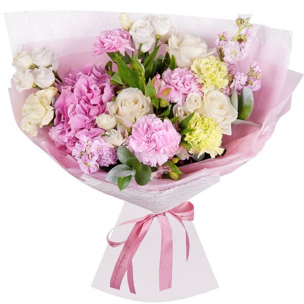 Pink Hydrangea - 1, Alstromeria white, soft pink - 2, Pink Matthiola - 3, White rose 50 cm - 3, lisianthus - 2, Green carnation - 3, Pink carnation - 3, Pistachio, Ruscus, Wrapping Paper