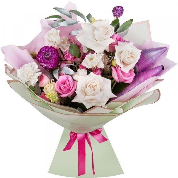 Purple Dahlia - 3, White rose 50 cm - 3, Pink rose 50 cm - 3, Peony sprayrose - 1, Carnation white, cream - 3, lisianthus - 1, Bright pink spray rose mix, 50 cm - 2, Ruscus, Aspidistra (1 pc.), Wrapping Paper