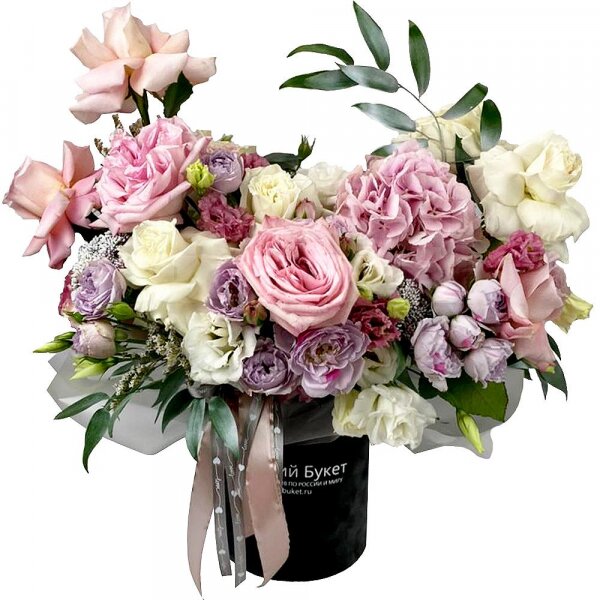 Pink Hydrangea - 1, Peony rose pink 'OHara' - 2, Rose Cream 50 cm - 4, White rose 50 cm - 7, Spray peony rose Lavander, 50 cm - 4, lisianthus - 3, Pink Lisianthus (Eustoma) - 3, Round flower box small , Oasis, Ruscus italian, Ozotamnus, Ribbon