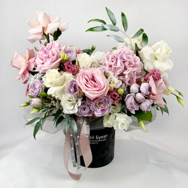 Pink Hydrangea - 1, Peony rose pink 'OHara' - 2, Rose Cream 50 cm - 4, White rose 50 cm - 7, Spray peony rose Lavander, 50 cm - 4, lisianthus - 3, Pink Lisianthus (Eustoma) - 3, Round flower box small , Oasis, Ruscus italian, Ozotamnus, Ribbon