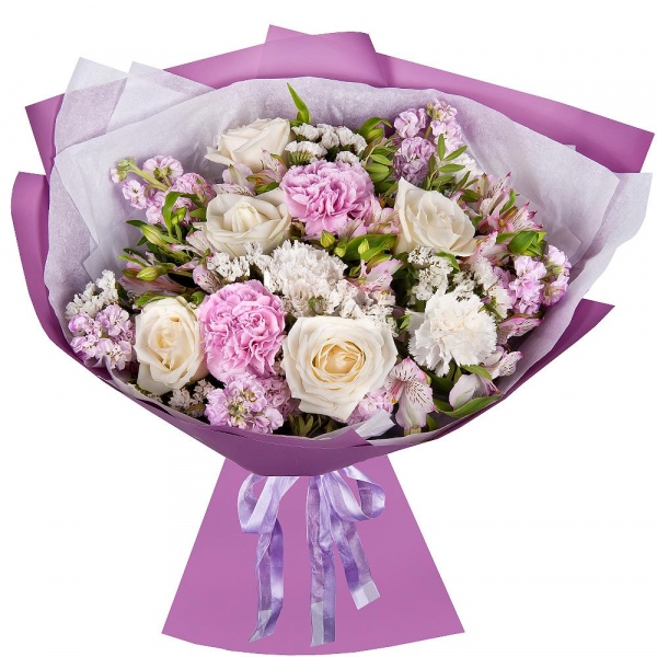 Alstromeria white, soft pink - 6, White rose 50 cm - 7, Carnation white, cream - 4, Pink Matthiola - 7, Pink carnation - 3, Pistachio, Wrapping Paper, White statice