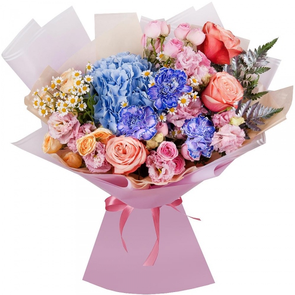 Blue/purple hydrangea - 1, Lilac carnation - 7, Peony rose Kahala 50 cm - 5, Spray rose: white, cream, light pink 50 cm - 6, Chamomile - 2, Pink Lisianthus (Eustoma) - 3, Fern (1 pc.), Wrapping Paper