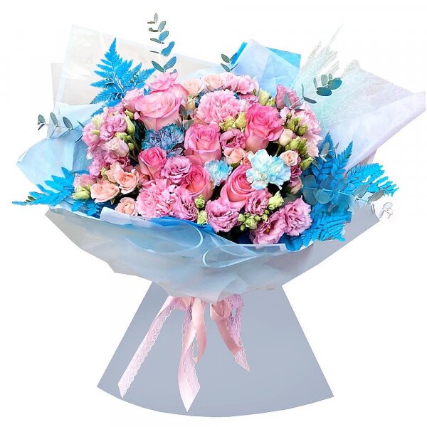 Pink rose 50 cm - 7, Bright pink spray rose mix, 50 cm - 5, Pink Lisianthus (Eustoma) - 5, Blue carnation - 4, Pink carnation - 5, Eucalyptus Cinerea, Wrapping Paper, Fern (1 pc.)