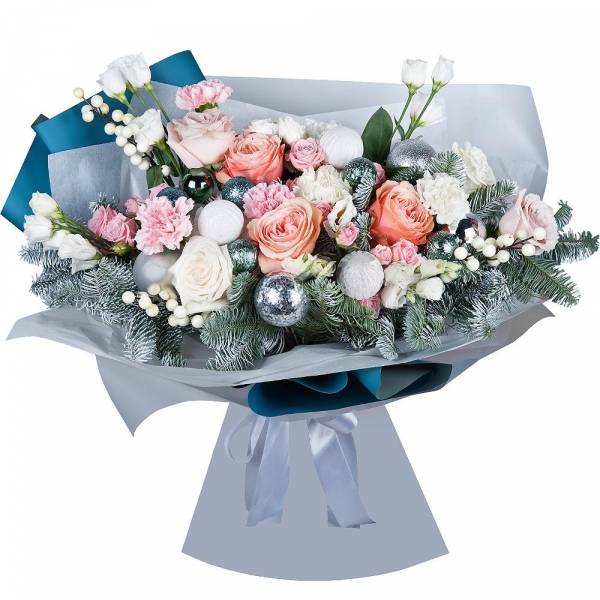 Peony rose Kahala 50 cm - 3, Rose Cream 50 cm - 3, White rose 50 cm - 3, Bright pink spray rose mix, 50 cm - 3, Pink carnation - 4, Baltica White Spray Chrysanthemum - 3, lisianthus - 2, Carnation white, cream - 3, Spruce branches (1pc.), Decorative element small, Christmas decor (set), Wrapping Paper