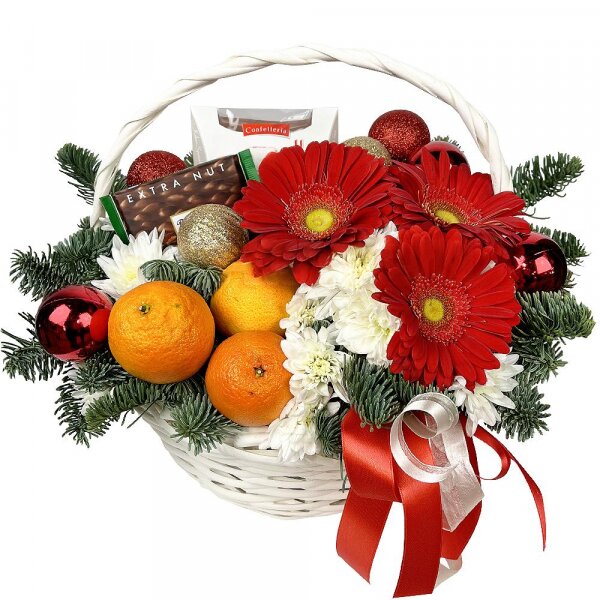 Gerbera red - 3, Baltica White Spray Chrysanthemum - 3, Medium Basket, Oasis, Spruce branches (1pc.), Tangerine, 1 pc., Chocolate Ritter Sport 100g, Box of candies «Raffaello» 150 g, Ribbon, Christmas decor (set)