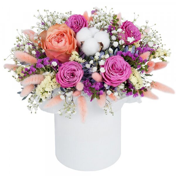 Peony rose Kahala 50 cm - 3, Bright pink spray rose mix, 50 cm - 2, Gypsophila - 1, Round flower box small , Oasis, Pistachio, Pink Statice, Cotton bud, Dried flowers in assortment, Yellow Statice