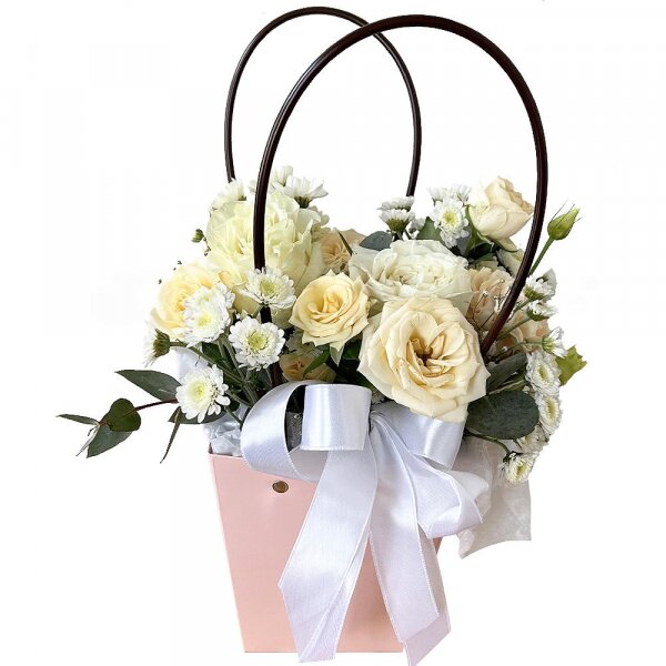 Santini White Spray Chrysanthemum - 2, Spray rose: white, cream, light pink 50 cm - 2, White rose 50 cm - 2, Flower bag, Oasis, Eucalyptus, Ribbon