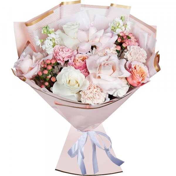 Rose Pink 50 cm Ecuador (Chelo, Hermosa, Novia, Titanik, Engagement, Pink Mondiale) - 3, White rose 50 cm Ecuador - 2, Peony rose Kahala 50 cm - 3, Pink carnation - 3, White Matthiola - 2, Baltica White Spray Chrysanthemum - 2, Carnation white, cream - 2, Hypericum, Wrapping Paper