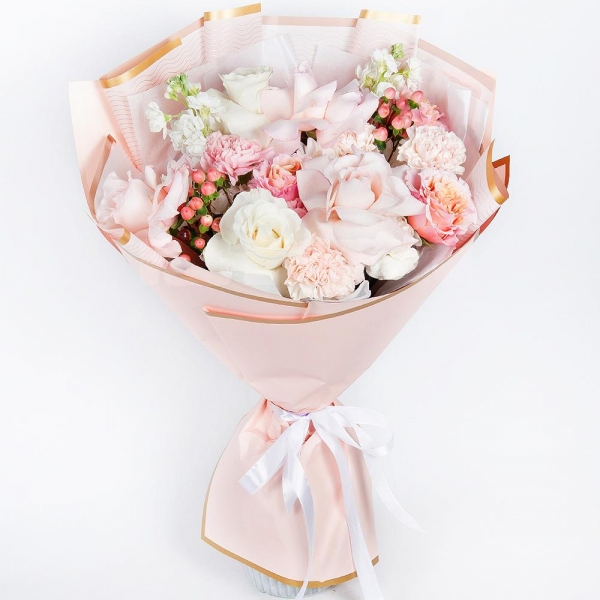 Rose Pink 50 cm Ecuador (Chelo, Hermosa, Novia, Titanik, Engagement, Pink Mondiale) - 3, White rose 50 cm Ecuador - 2, Peony rose Kahala 50 cm - 3, Pink carnation - 3, White Matthiola - 2, Baltica White Spray Chrysanthemum - 2, Carnation white, cream - 2, Hypericum, Wrapping Paper