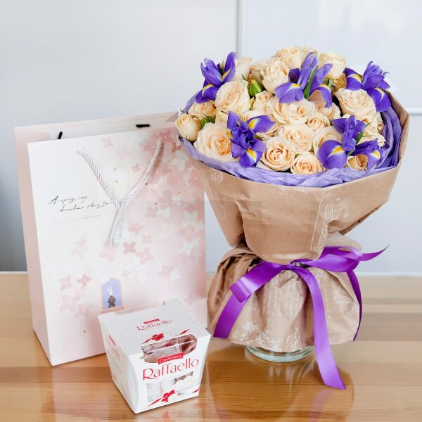 Spray rose: white, cream, light pink 50 cm - 8, Irises - 5, Wrapping Paper, Present bag, Box of candies «Raffaello» 150 g