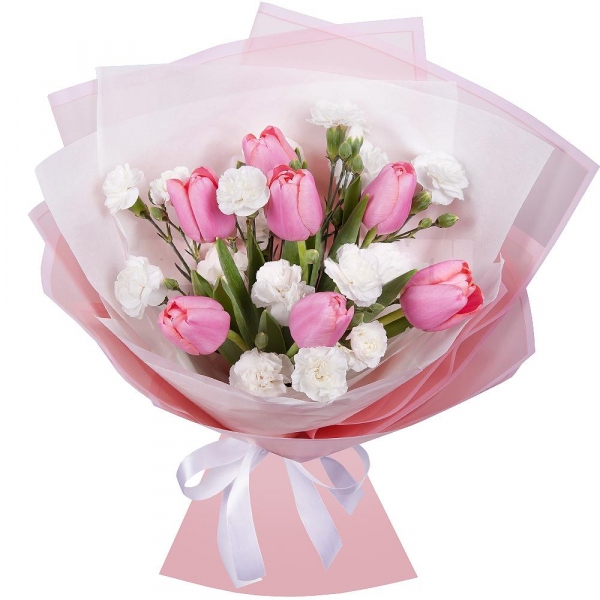 Pink tulip - 7, White spray carnation - 5, Wrapping Paper