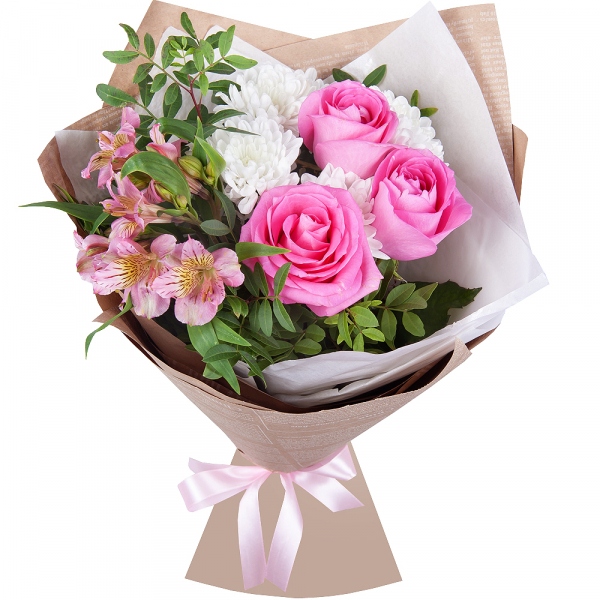 Baltica White Spray Chrysanthemum - 1, Alstromeria white, soft pink - 1, Pink rose 50 cm - 3, Pistachio, Wrapping Paper, Ribbon