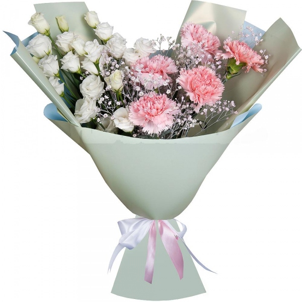 lisianthus - 5, Pink carnation - 9, Gypsophila - 1, Wrapping Paper