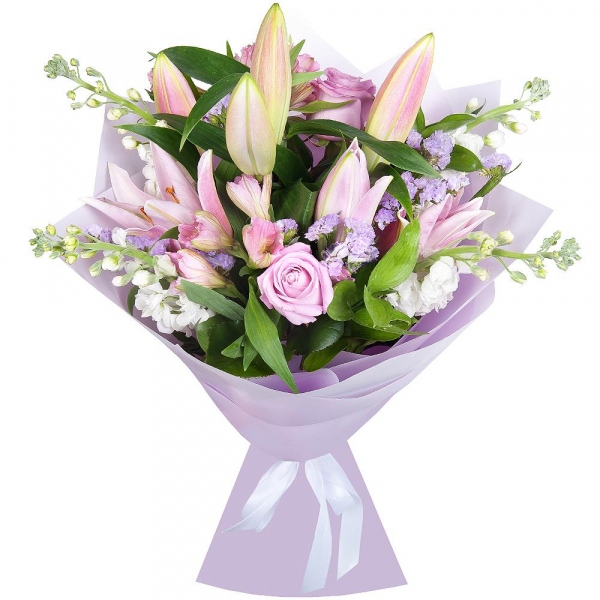 Pink lily - 2, Alstromeria white, soft pink - 3, Pink rose 50 cm - 4, White Matthiola - 4, Pink Statice, Ruscus, Wrapping Paper
