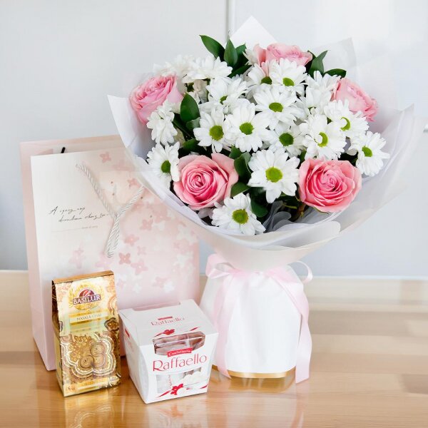 Bacardi White Spray Chrysanthemum - 5, Pink rose 50 cm - 7, Salal, Wrapping Paper, Ribbon, Present bag, Box of candies «Raffaello» 150 g, Tea 100g