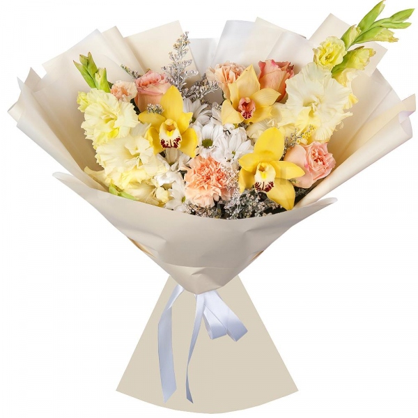 Bacardi White Spray Chrysanthemum - 1, White Gladiolus - 2, Orchid bud yellow/brown Cymbidium - 3, Carnation white, cream - 3, Pink rose 50 cm - 3, Flask for orchids, Solidago (1 pc.), Wrapping Paper