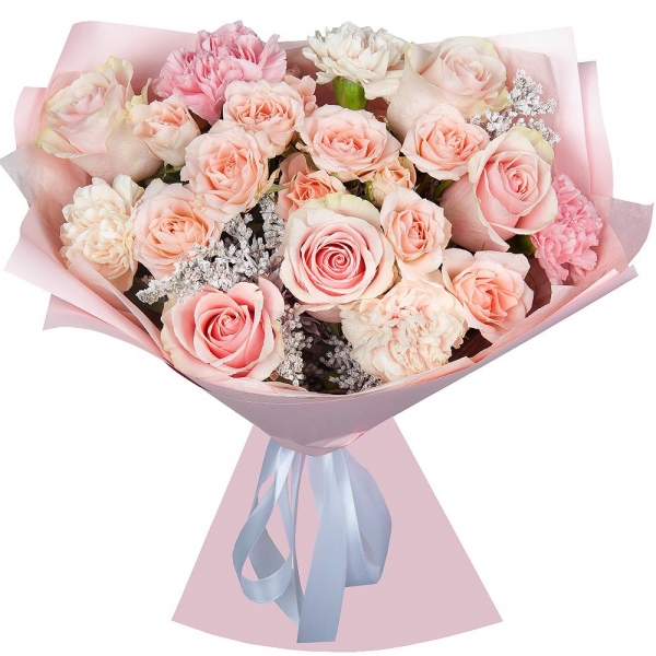 Bright pink spray rose mix, 50 cm - 3, Pink rose 50 cm - 5, Carnation white, cream - 3, Pink carnation - 4, Solidago (1 pc.), Wrapping Paper