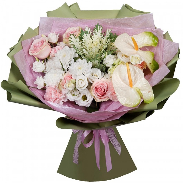 White cut anthurium - 2, lisianthus - 2, Pink carnation - 3, Pink rose 50 cm - 5, Baltica White Spray Chrysanthemum - 2, Wrapping Paper, Brassica