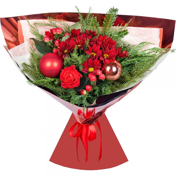 Bacardi Red Spray Chrysanthemum - 2, Red rose 50 cm - 1, Hypericum, Thuja, Christmas decor (set), Wrapping Paper, Spruce branches (1pc.)