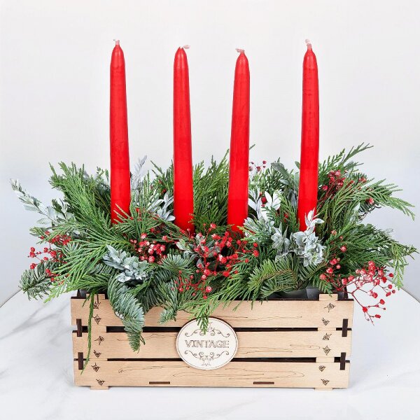 Gypsophila - 1, Spruce branches (1pc.), Thuja, Oasis, Wooden pot, Pistachio, Candle