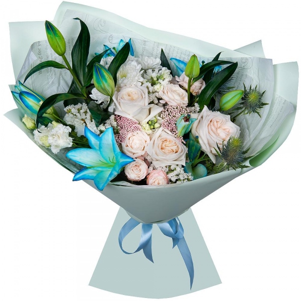 Lilies - 2, White Matthiola - 2, Baltica White Spray Chrysanthemum - 1, Peony sprayrose - 2, Peony style roses - 3, lisianthus - 1, Eryngium, Ozotamnus, White statice, Wrapping Paper