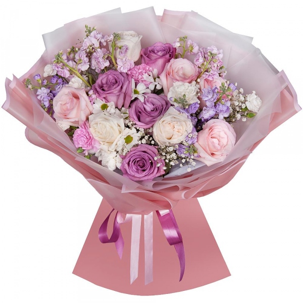 Bacardi White Spray Chrysanthemum - 2, Gypsophila - 2, Matthiola Lilac - 4, Pink rose 50 cm - 4, Moody Blue Rose - 4, Peony style roses - 3, Pink carnation - 2, White spray carnation - 2, Wrapping Paper