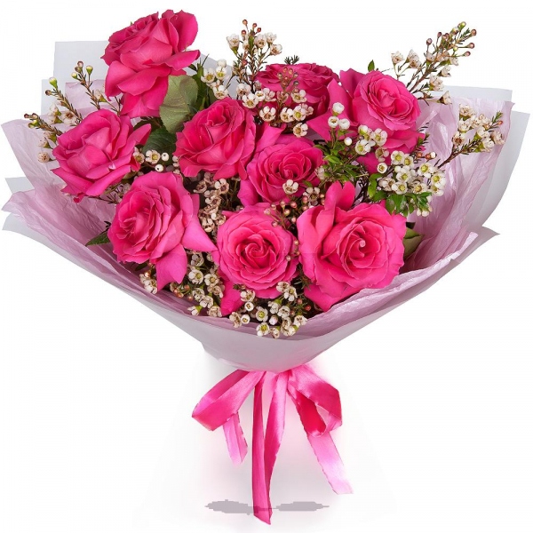 Rose Fuchsia 50 cm Ecuador (Pink Floyd, Topaz, Cherry Lady, Gotcha) - 11, Waxflower (1 pc.), Pistachio, Wrapping Paper