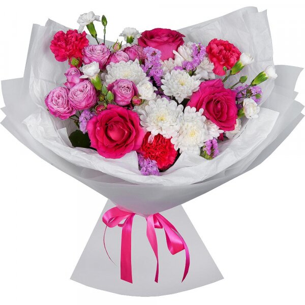 Baltica White Spray Chrysanthemum - 3, Rose Pink 50 cm Ecuador (Chelo, Hermosa, Novia, Titanik, Engagement, Pink Mondiale) - 3, Peony sprayrose - 1, Pink carnation - 3, White spray carnation - 3, Pink Statice, Wrapping Paper