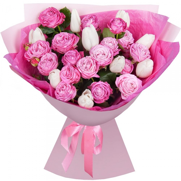 Peony sprayrose - 6, Tulip white - 9, Wrapping Paper