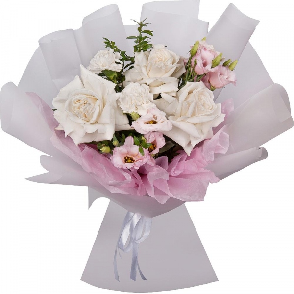 Carnation white, cream - 2, Pink Lisianthus (Eustoma) - 1, White rose 50 cm Ecuador - 3, Pistachio, Wrapping Paper