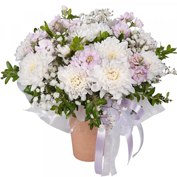 Baltica White Spray Chrysanthemum - 1, Gypsophila - 1, Matthiola Lilac - 2, Cardboard pot (cup), Oasis, Pistachio, Wrapping Paper