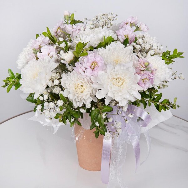 Baltica White Spray Chrysanthemum - 1, Gypsophila - 1, Matthiola Lilac - 2, Cardboard pot (cup), Oasis, Pistachio, Wrapping Paper