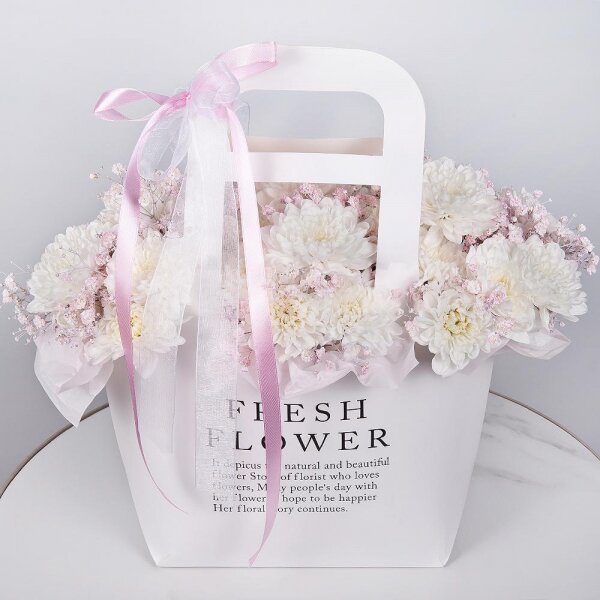 Baltica White Spray Chrysanthemum - 4, Colored gypsophila - 3, Flower bag, Oasis, Ribbon