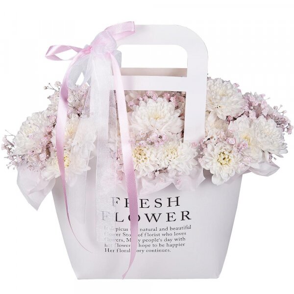 Baltica White Spray Chrysanthemum - 4, Colored gypsophila - 5, Flower bag, Oasis, Ribbon