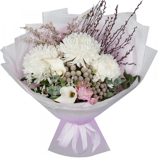 Magnum White Chrysanthemum - 3, Calla lilies - 2, Alstromeria white, soft pink - 5, Brunia Green Lanuginosa (1 pc.), Solidago (1 pc.), Ozotamnus, Limonium (1 pc.), Eucalyptus, Artificial branch, Wrapping Paper