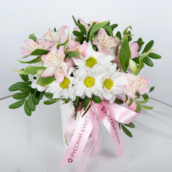 Bacardi White Spray Chrysanthemum - 1, Alstromeria white, soft pink - 2, Cardboard pot (cup), Oasis, Ribbon, Pistachio