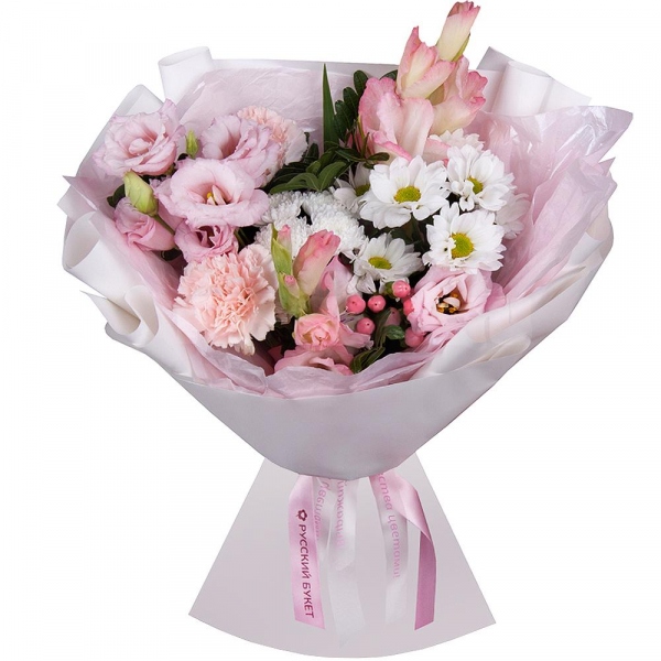 Pink Gladiolus - 2, Pink Lisianthus (Eustoma) - 1, Baltica White Spray Chrysanthemum - 1, Pink carnation - 2, Bacardi White Spray Chrysanthemum - 1, Hypericum, Pistachio, Wrapping Paper