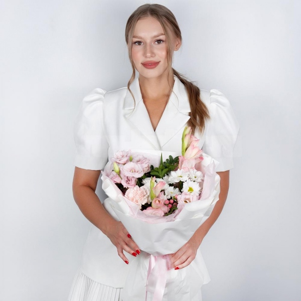Pink Gladiolus - 2, Pink Lisianthus (Eustoma) - 1, Baltica White Spray Chrysanthemum - 1, Pink carnation - 2, Bacardi White Spray Chrysanthemum - 1, Hypericum, Pistachio, Wrapping Paper