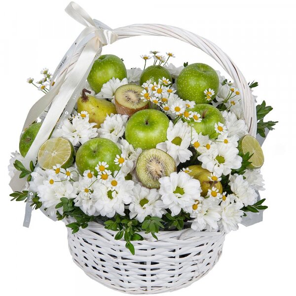 Bacardi White Spray Chrysanthemum - 4, Chamomile - 2, Medium Basket, Oasis, Pistachio, Apple, 1 pc., Kiwi, Lemon, 1 pc., Pear, Wooden skewer, Ribbon