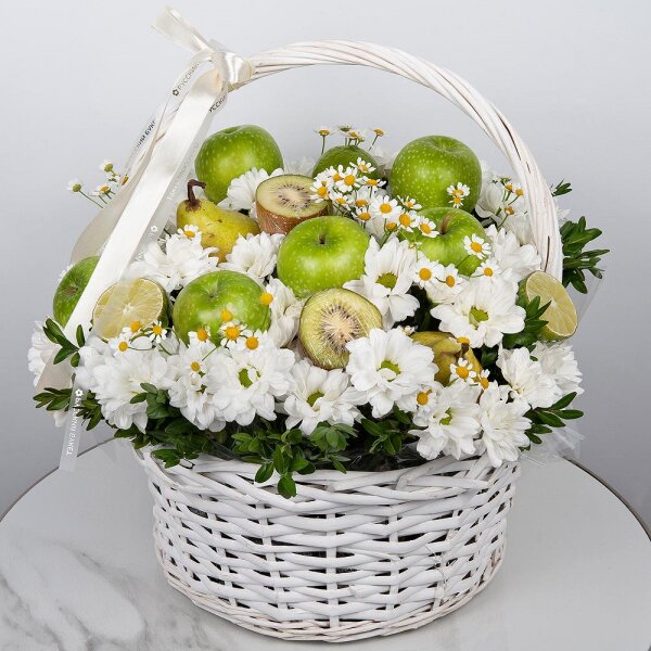 Bacardi White Spray Chrysanthemum - 4, Chamomile - 2, Medium Basket, Oasis, Pistachio, Apple, 1 pc., Kiwi, Lemon, 1 pc., Pear, Wooden skewer, Ribbon