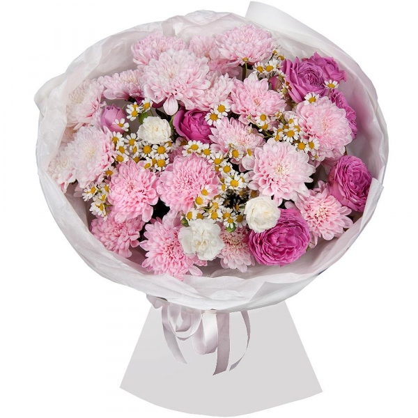 Baltica Pink Spray Chrysanthemum - 4, Peony sprayrose - 3, White spray carnation - 3, Chamomile - 3, Wrapping Paper